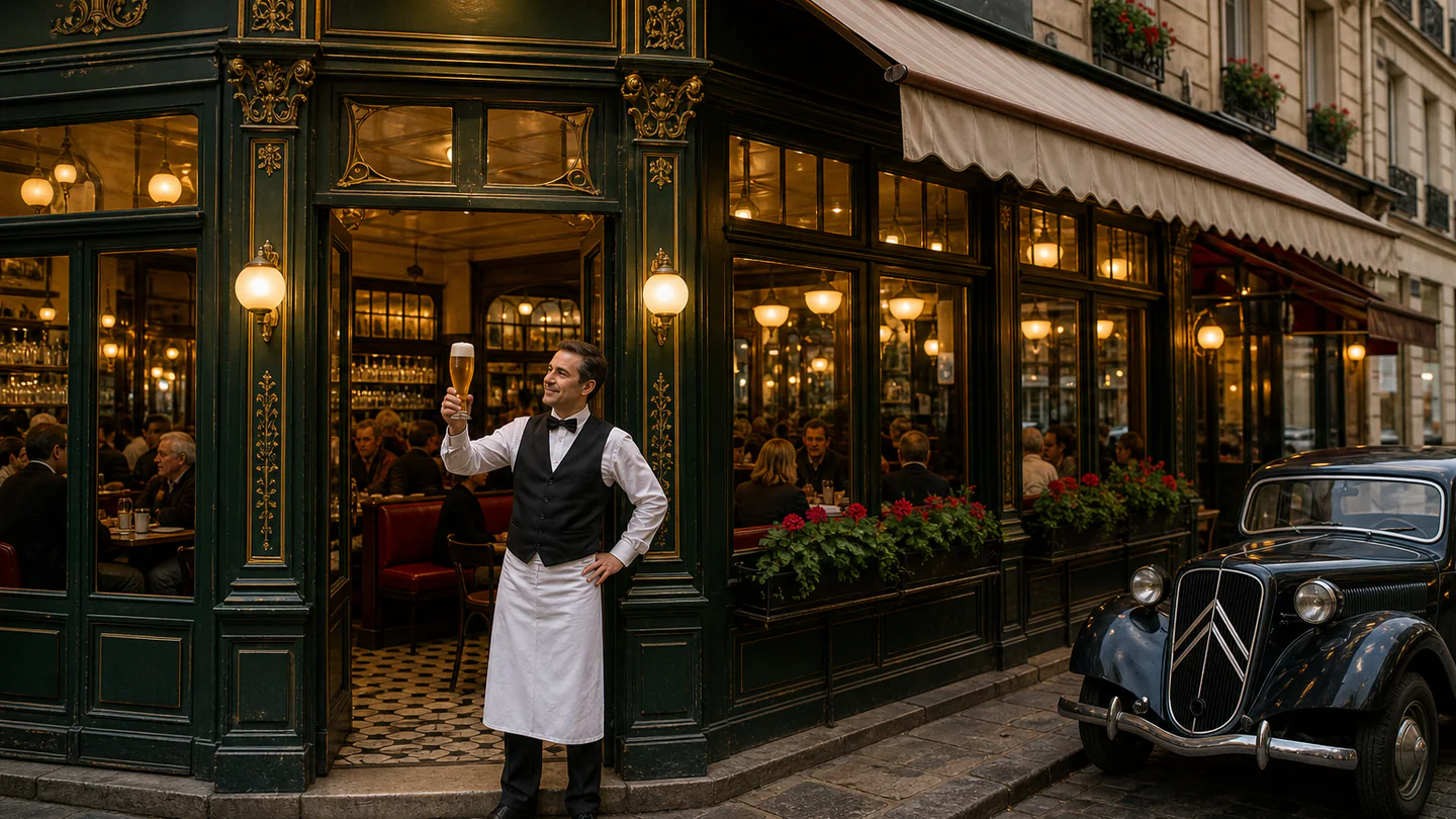 Serveur pr&eacute;sentant une bi&egrave;re devant un bar parisien traditionnel