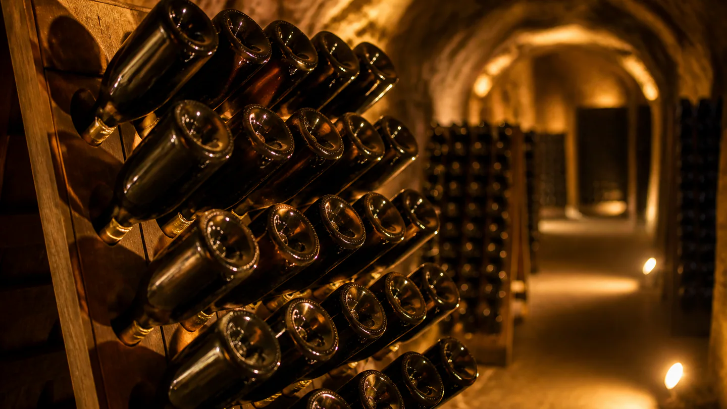 Bouteilles de Champagne vieillissant sur lattes en cave