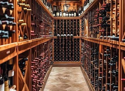 Cave aménagée présentant de nombreuses bouteilles de vin