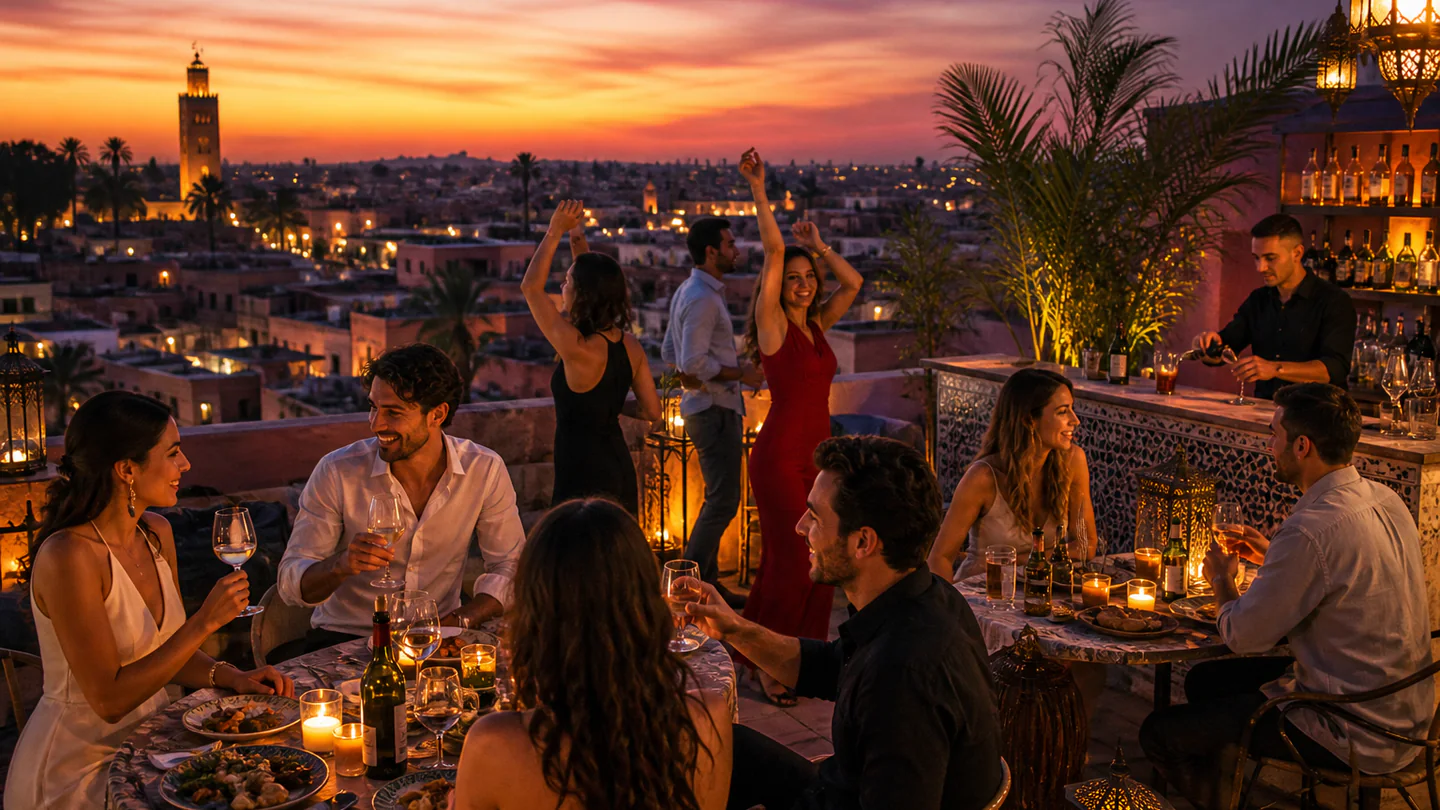 Dégustation au coucher du soleil sur un rooftop à Marrakech