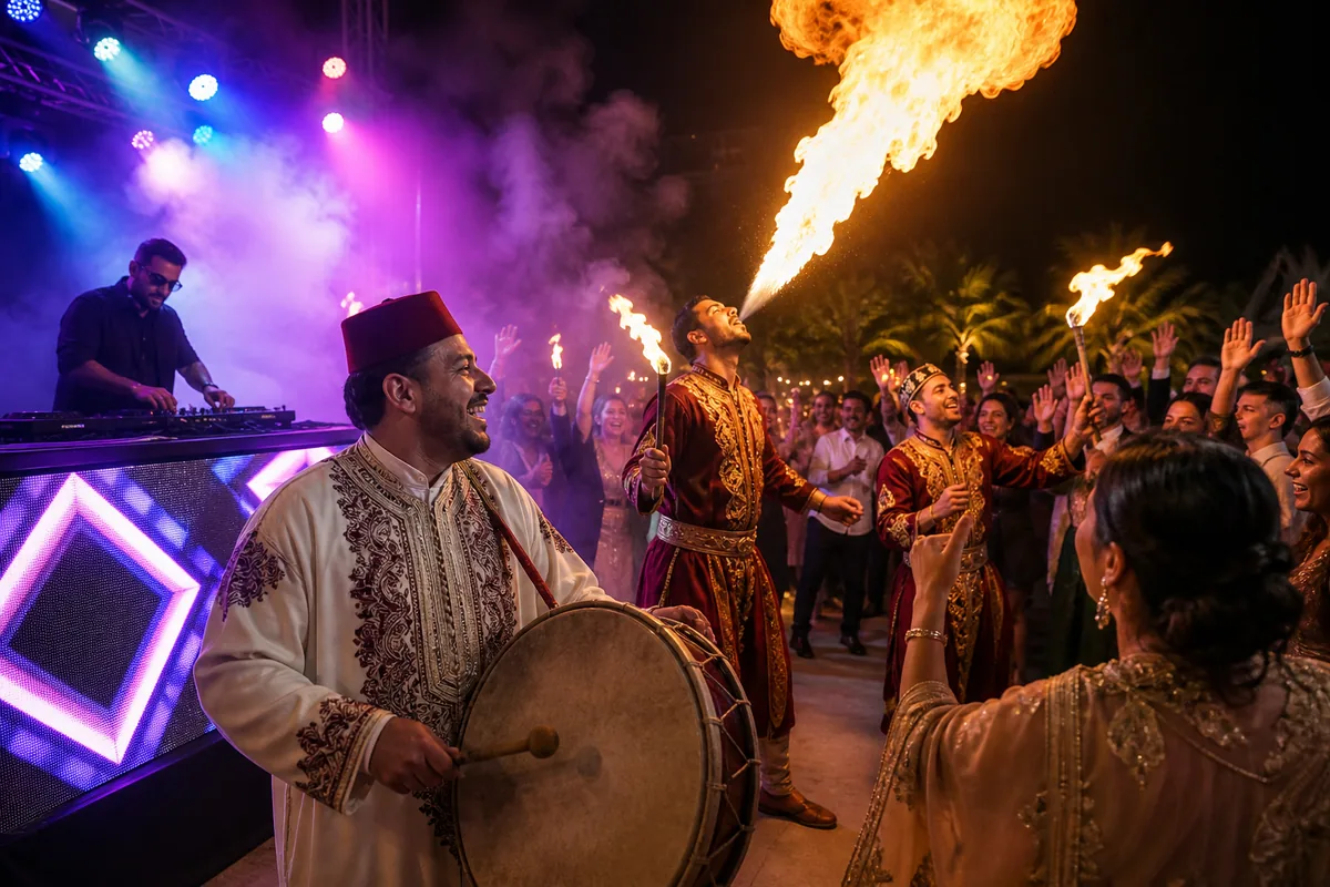 DJ, musiciens, danseurs et cracheur de feu pour une animation au Maroc