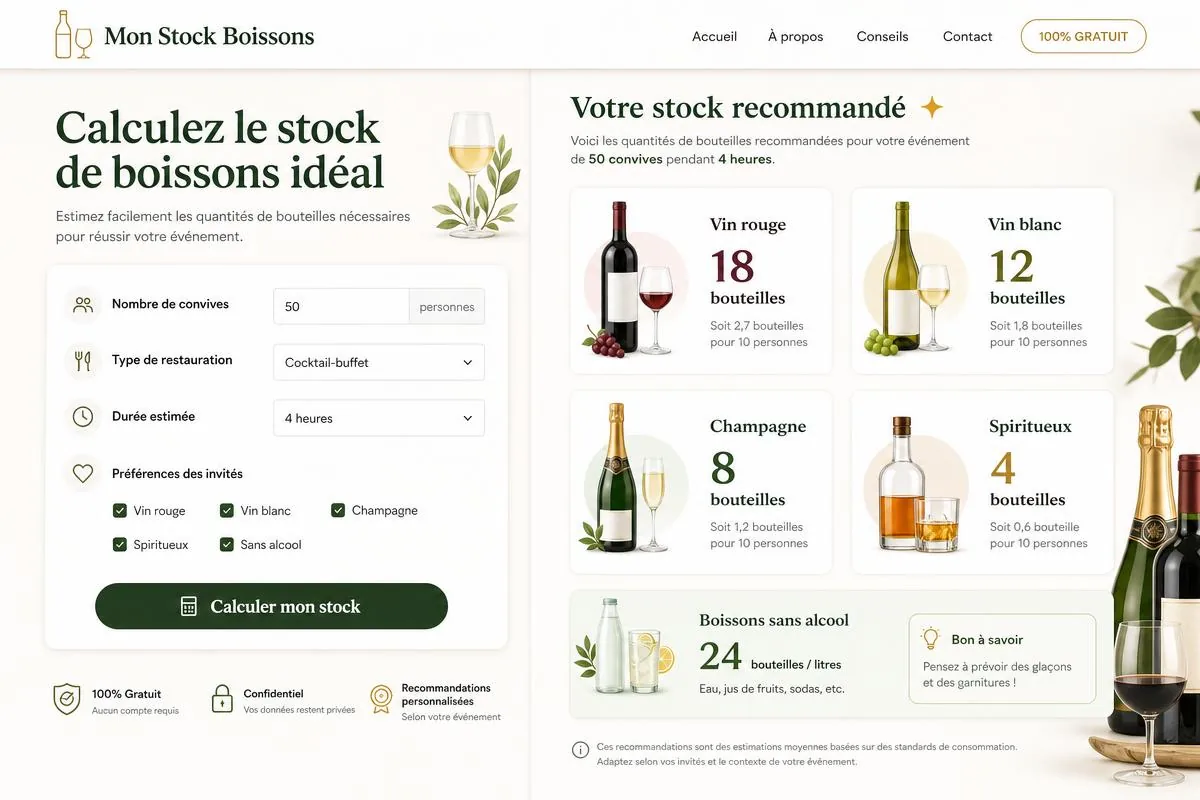 Simulateur gratuit Vinéa pour estimer le nombre de bouteilles nécessaires à un mariage