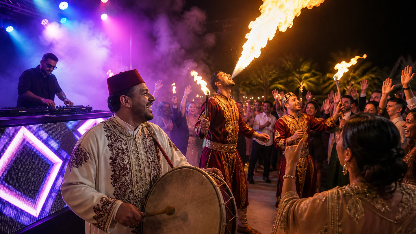DJ, musiciens et cracheur de feu pour animation de mariage au Maroc