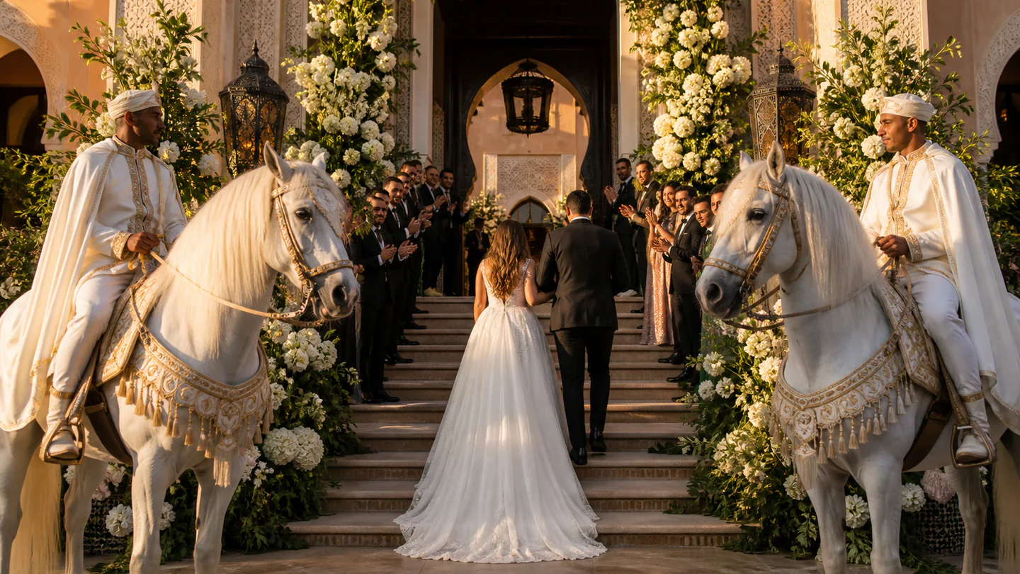 Chevaux blancs pour une entrée de mariage à Marrakech