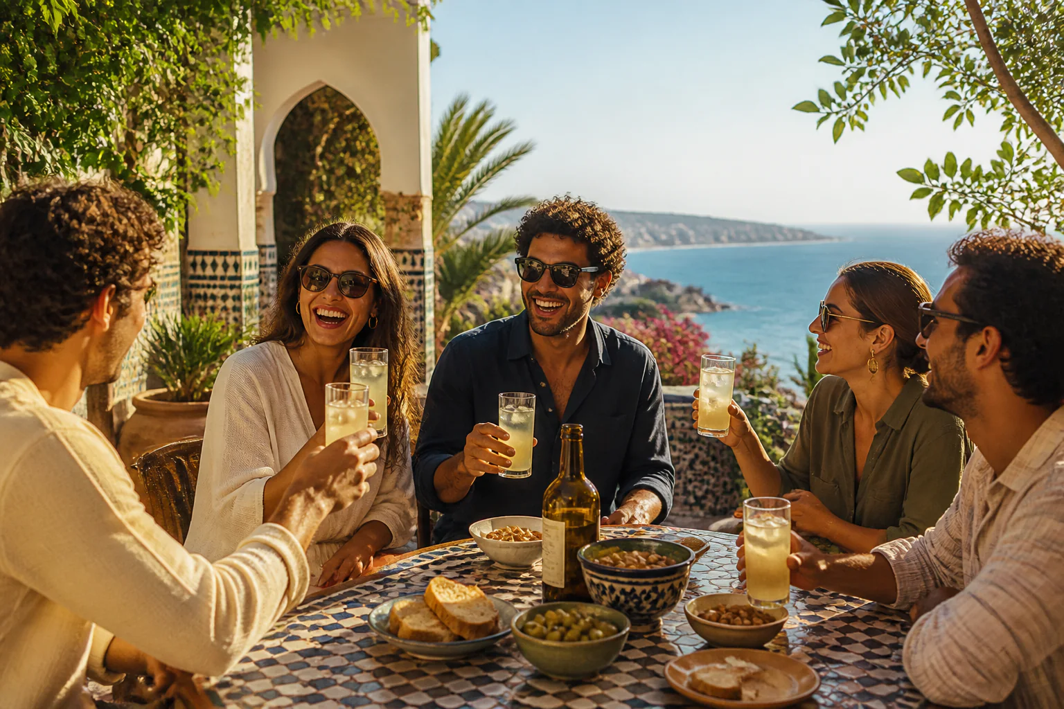 Ap&eacute;ritif Pastis entre amis dans un riad pr&egrave;s de Tanger