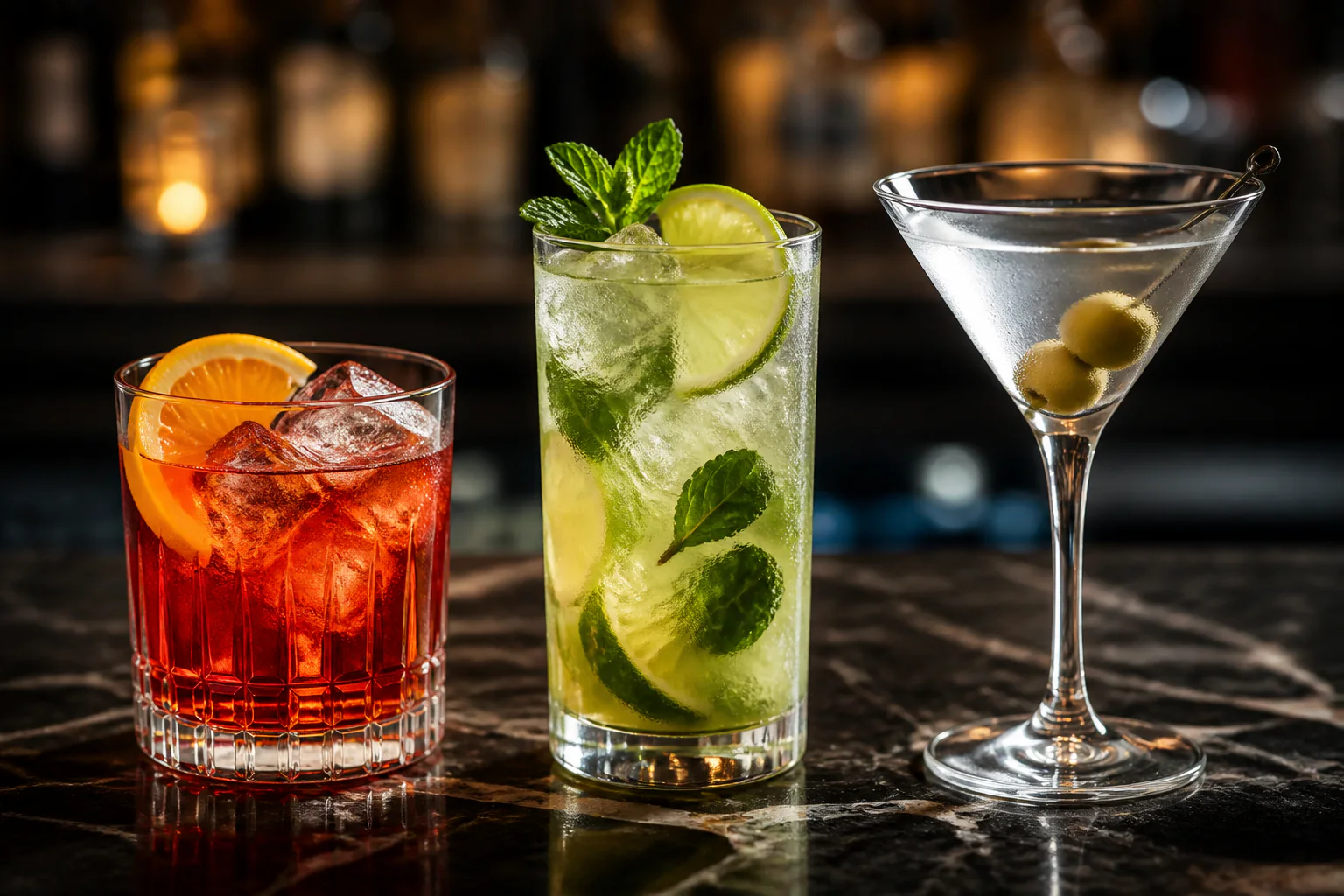 Cocktails Negroni, mojito et martini