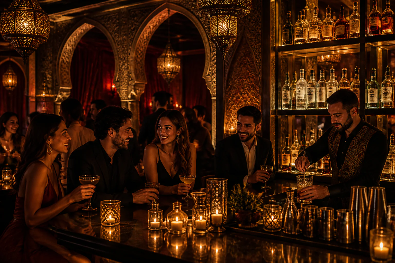Vodka, Gin et Whisky au comptoir d'un bar chic marrakchi